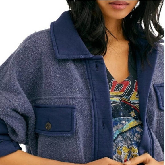 NWT Free People Blue Ruby Fleece Button Up Elbow Patch Shirt Jacket Large - Picture 4 of 8